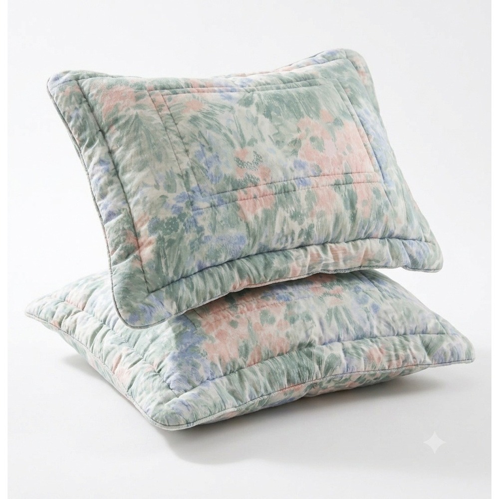 Vintage Croscill Floral Watercolor Quilted Pillow Shams Set of 2 Muted Cotswold